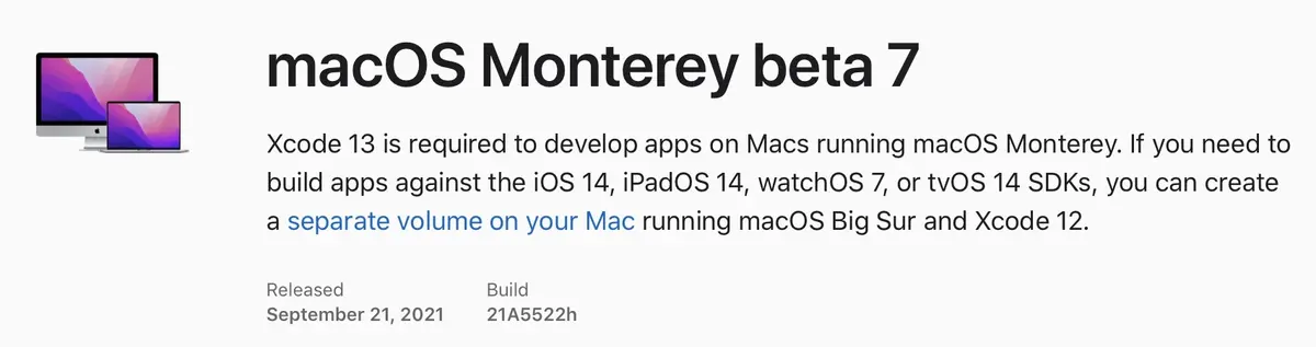 iOS/iPadOS 15.1, tvOS15.1 bêta 1, macOS Monterey bêta7