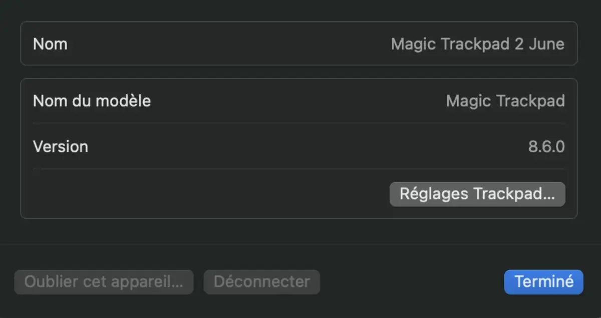 Un Magic Trackpad qui n 'avait pas été allumé depuis longtemps, encore en 8.6.0