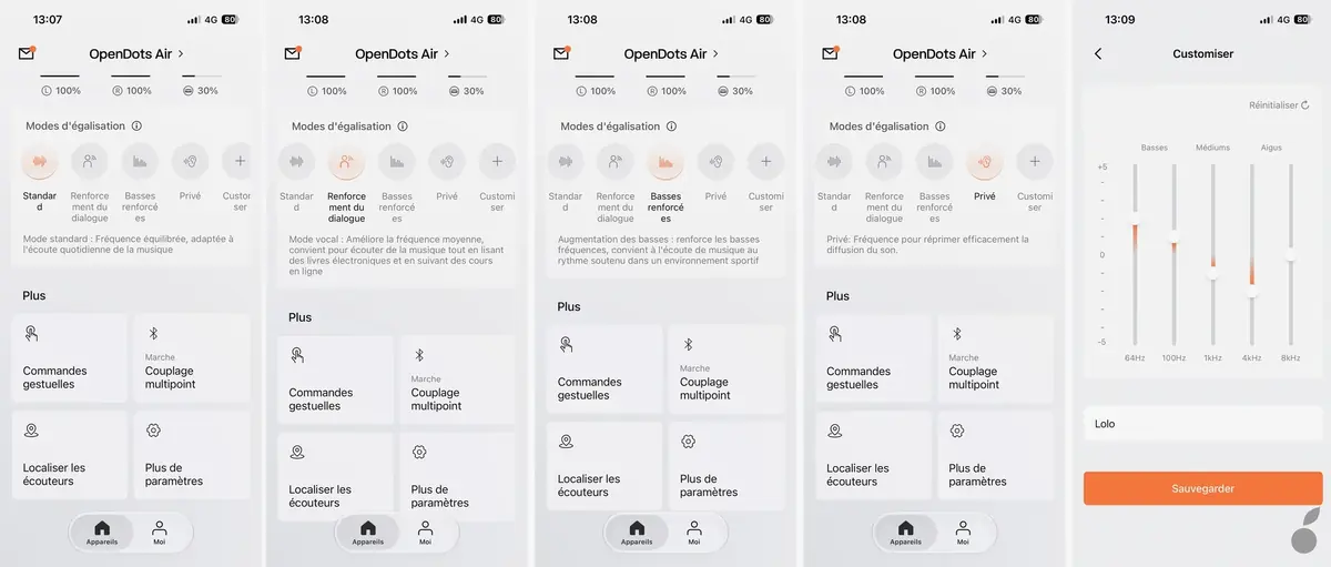 4 modes pr&eacute;d&eacute;finis et un mode avec personnalisations