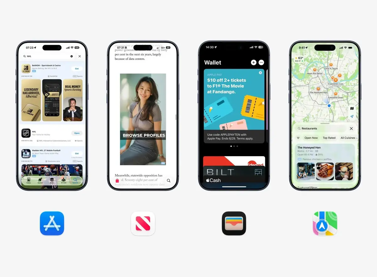 Exemples de publicit&eacute; dans l'App Store, Apple News, l'application Portefeuille et Plan. Image Basic Apple Guy.
