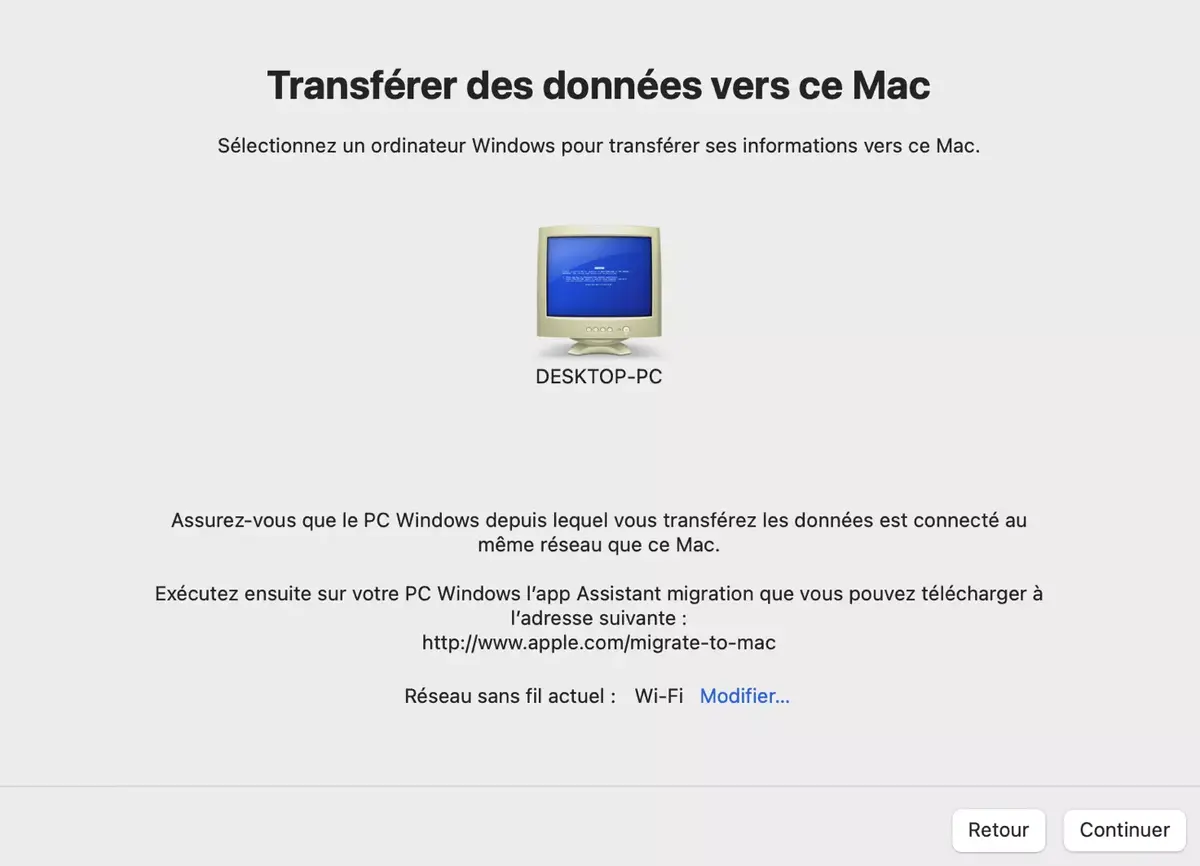 Une version de l'assistant migration depuis Windows dédiée pour macOS Sonoma