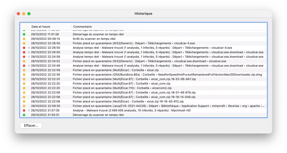 Historique des analyses antivirus Intego VirusBarrier