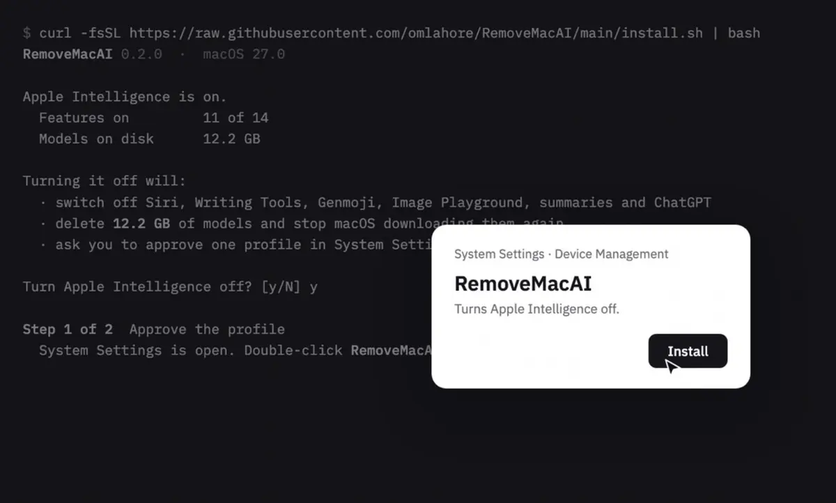 Un outil gratuit vire Apple Intelligence du Mac et r&eacute;cup&egrave;re 12 Go