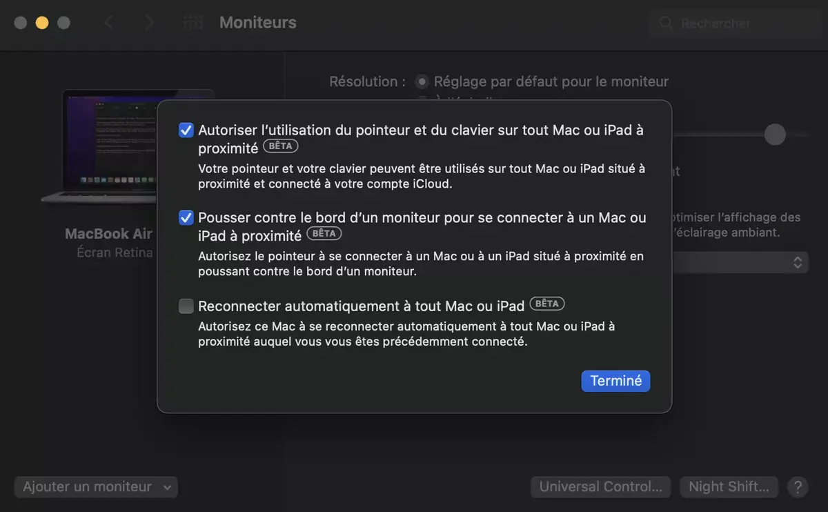 macOS 12.3 affine les réglages d'Universal Control