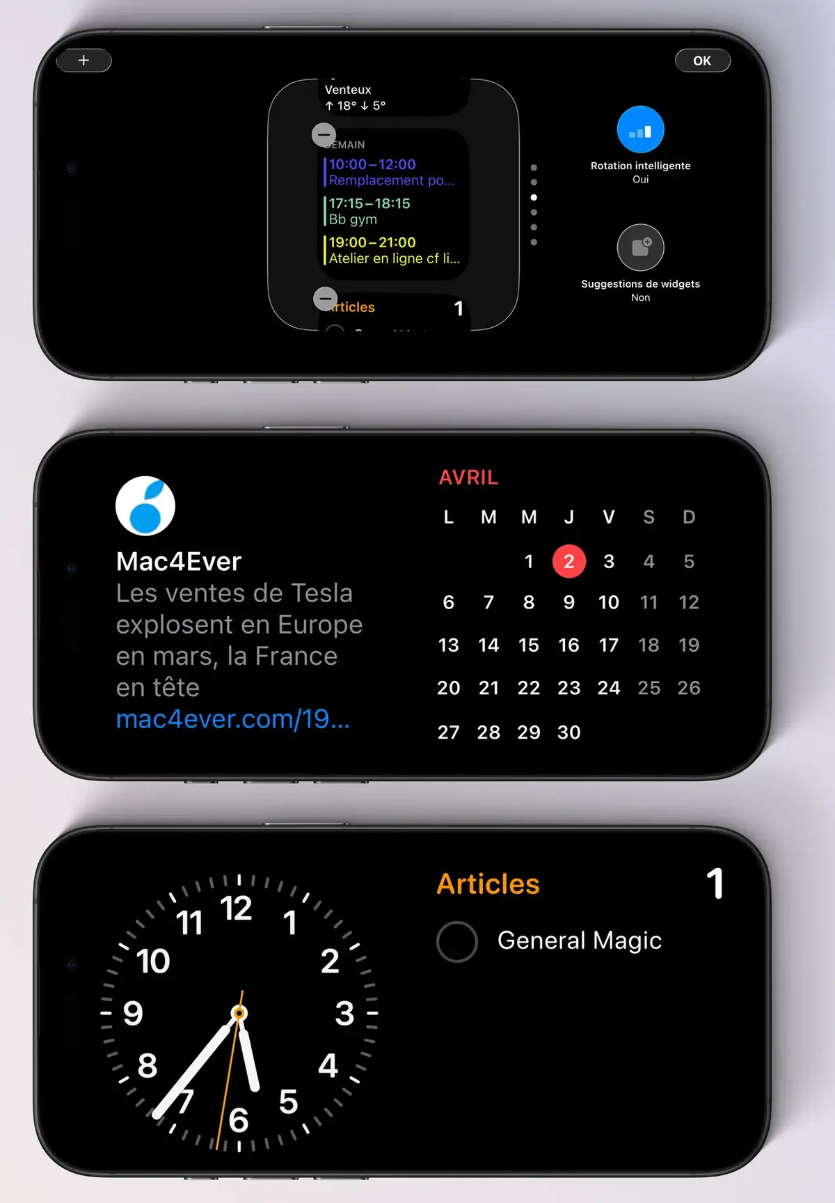 Les diff&eacute;rents affichages du mode widget. En haut, en mode modification apr&egrave;s un appui long.
