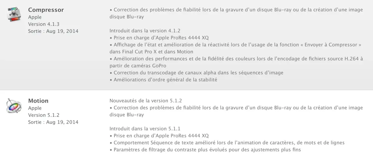 Mise à jour de Final Cut Pro, Motion et Compressor