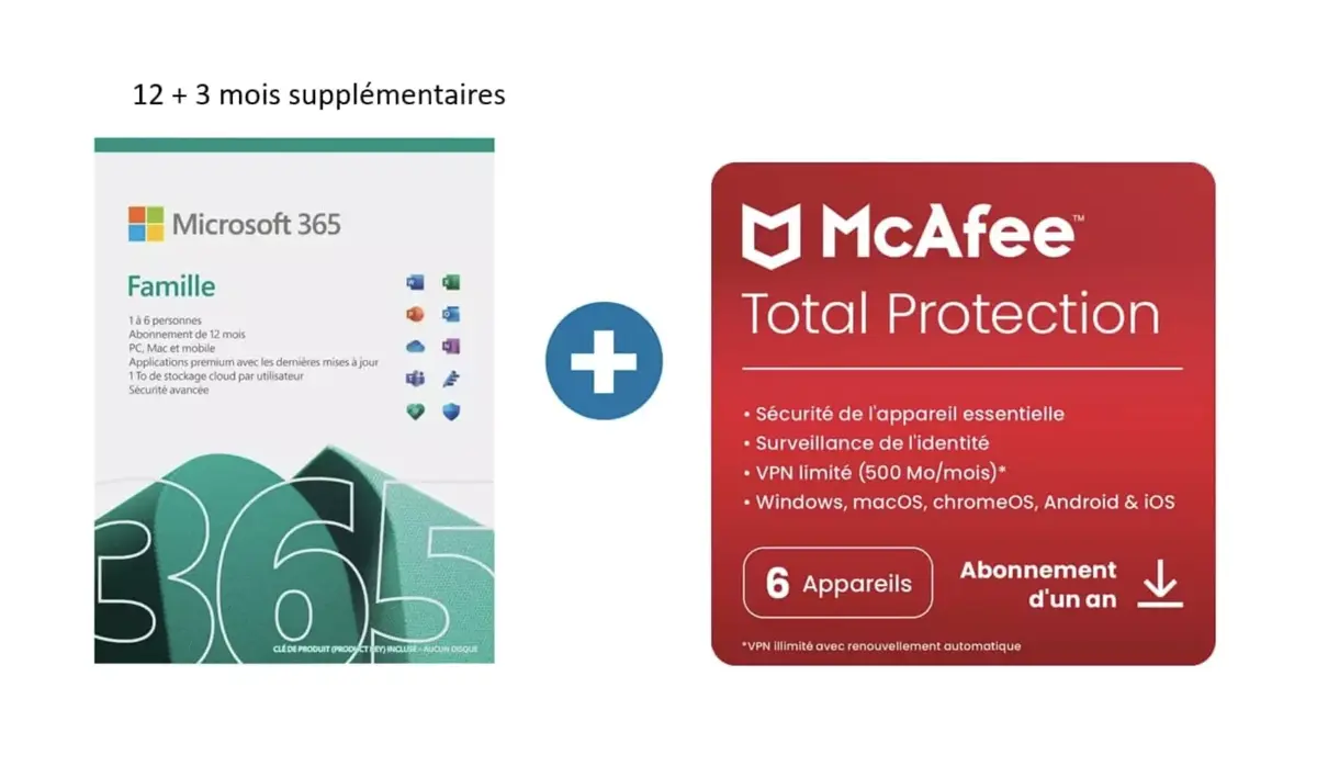 15 mois de Microsoft 365 Famille+McAfee à 79€ (-58%), Office 2021 licence perpétuelle à 80€ (-49€)