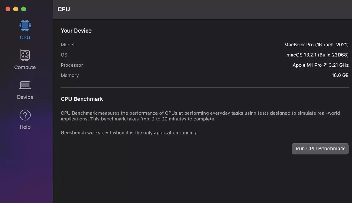 L'interface de Geekbench 6, avec un seul bouton &agrave; cliquer pour lancer le test CPU