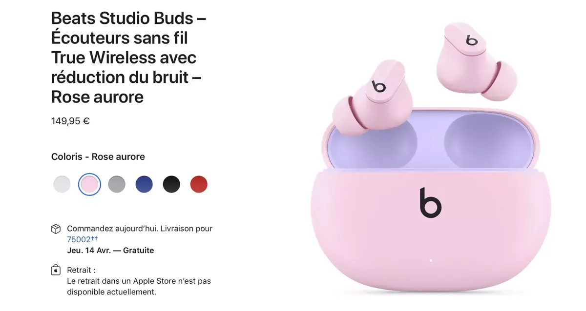 Les Beats Studio Buds rose, bleu et gris sont dispo sur l'Apple Store à 149,95 euros (livrés jeudi)