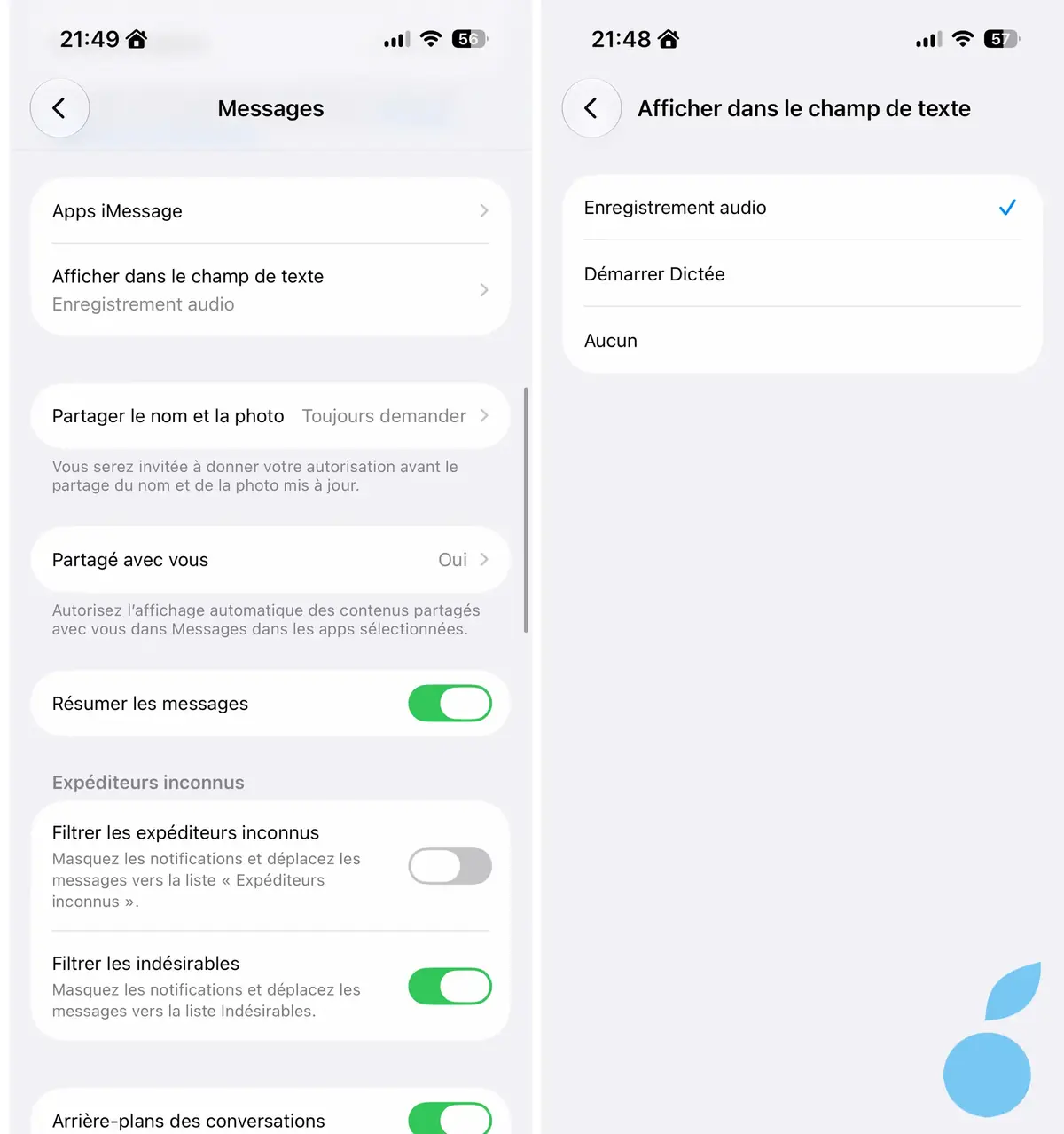 App R&eacute;glages > Apps > Messages