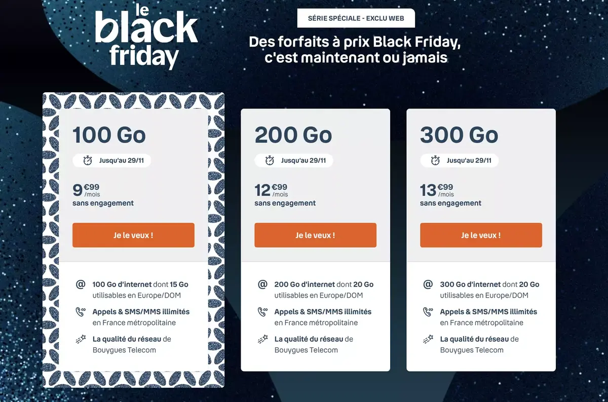 Bouygues Telecom : 9,99€ (100go), 12,99€ (200Go), 13,99€ (300Go) #BlackFriday