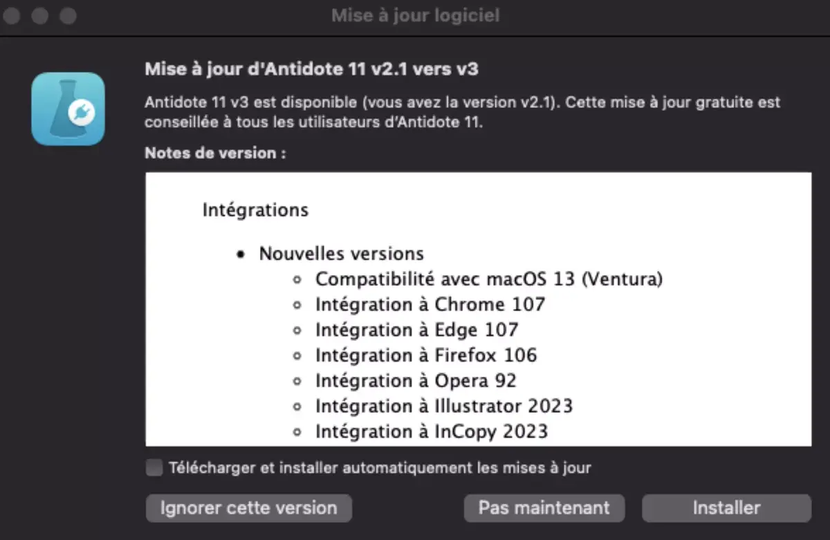 Antidote 11v3 est compatible avec macOS Ventura (+ correctif pour Mail)