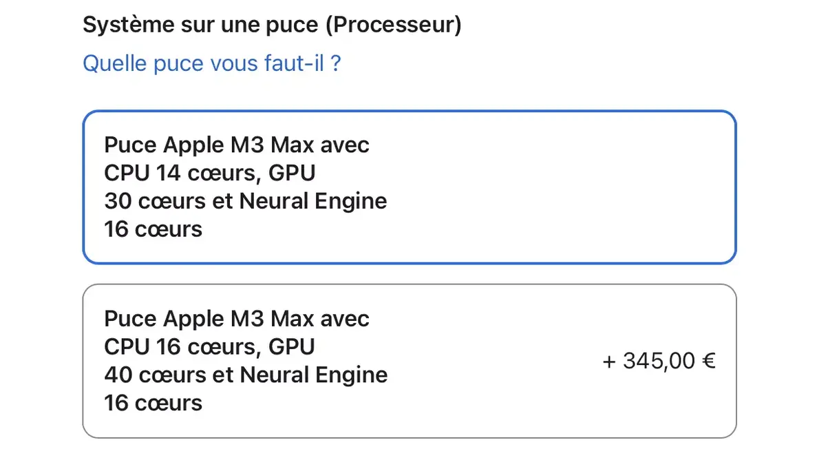 L'option M3 Max 16 cœurs CPU/40 cœurs GPU sur le 14 pouces