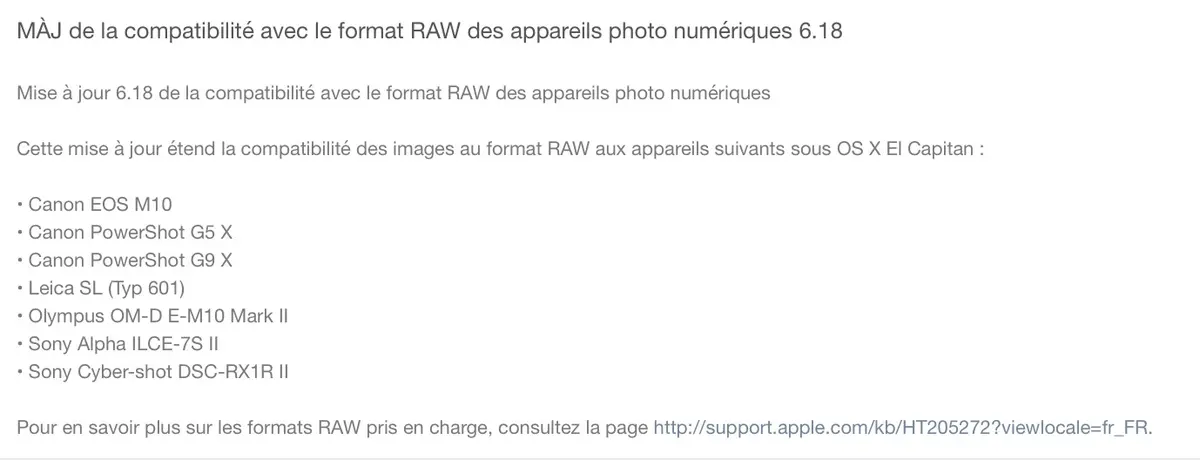 Mise à jour de compatibilité RAW pour El Capitan