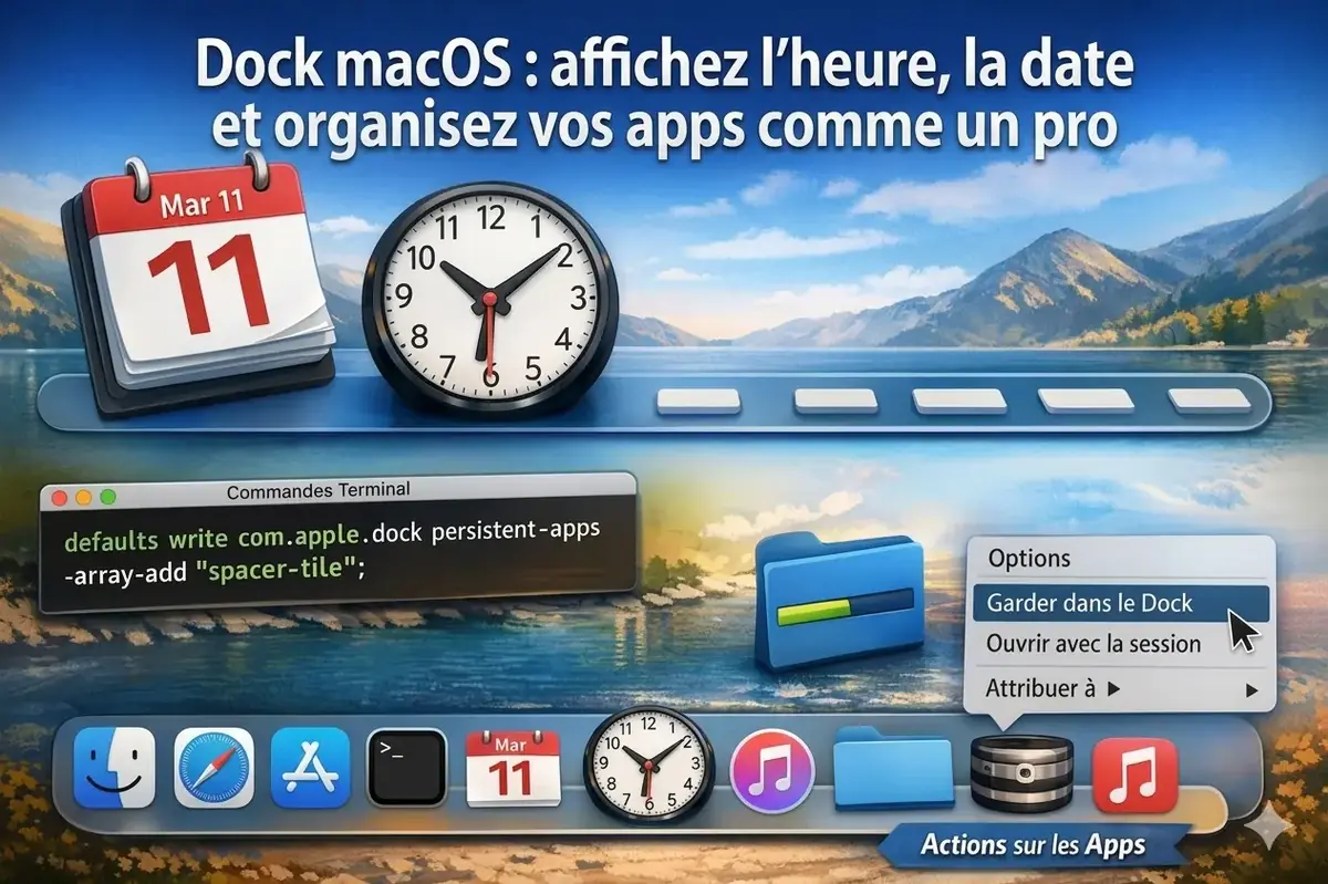 Dock macOS&nbsp;: affichez l&rsquo;heure, la date et organisez vos apps comme un pro
