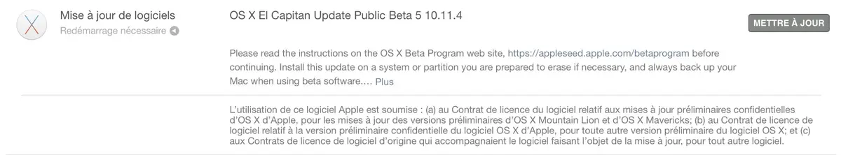 Les cinquièmes bêtas d'OS X 10.11.4 sont disponibles