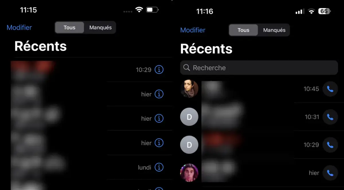 iOS17 à gauche, iOS 18 à droite