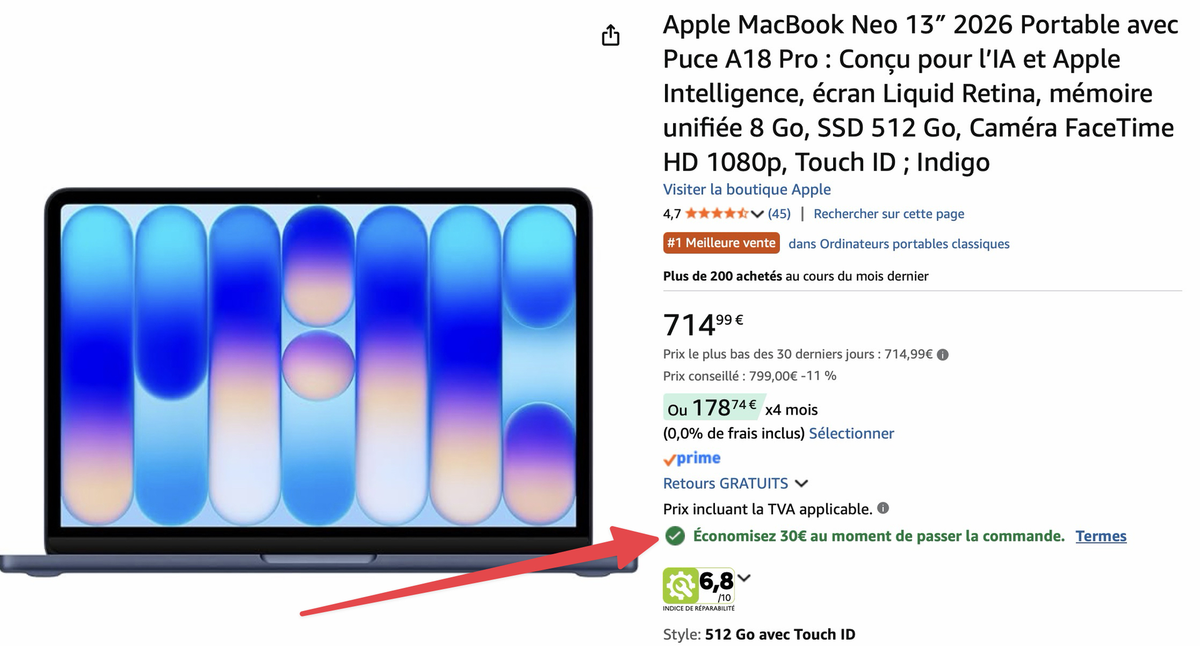 Le MacBook Neo 512Go avec Touch ID est en promo &agrave; 685&euro;&nbsp;: -114&euro; par rapport &agrave; l'Apple Store&nbsp;!
