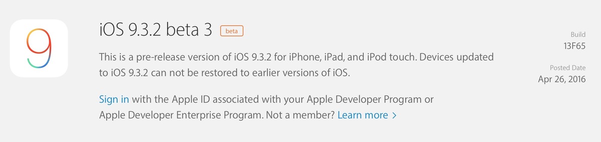 iOS 9.3.2 Beta 3 (publique), 10.11.5 beta 3 et tvOS 9.2.1 beta 3