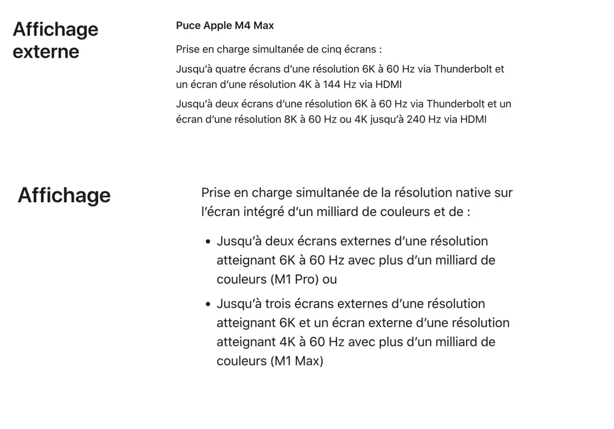 Les limites d'&eacute;crans externes pour mon Mac Studio et mon MacBook Pro.