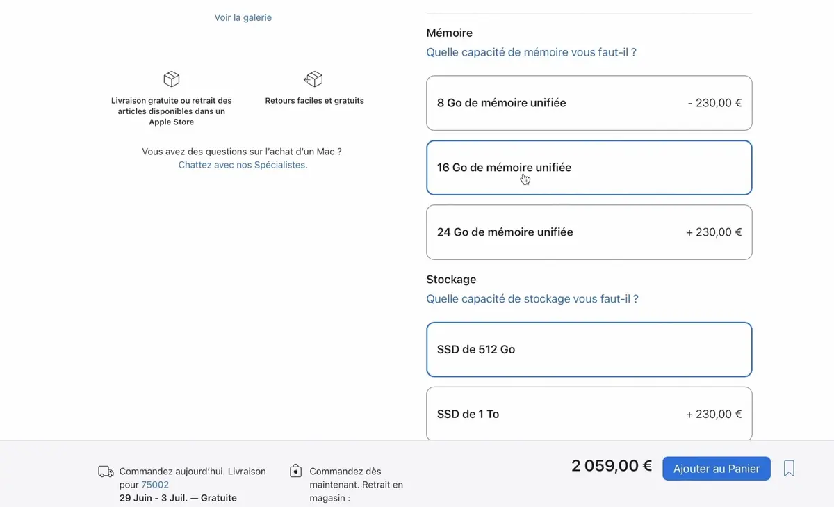 Configuration MacBook Air 15 pouces