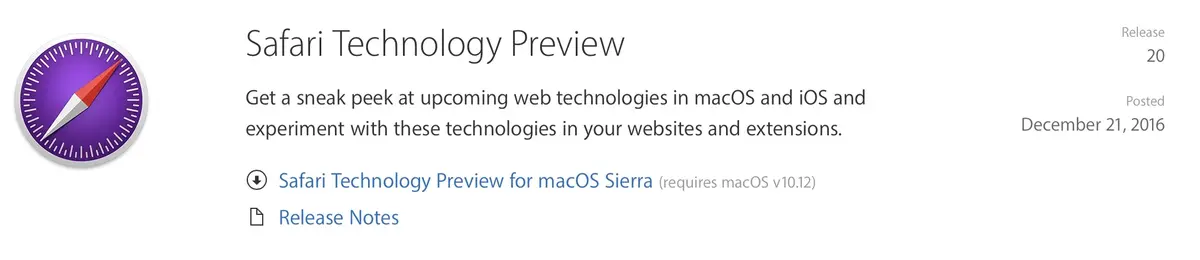 Safari Technology Preview 20 est disponible