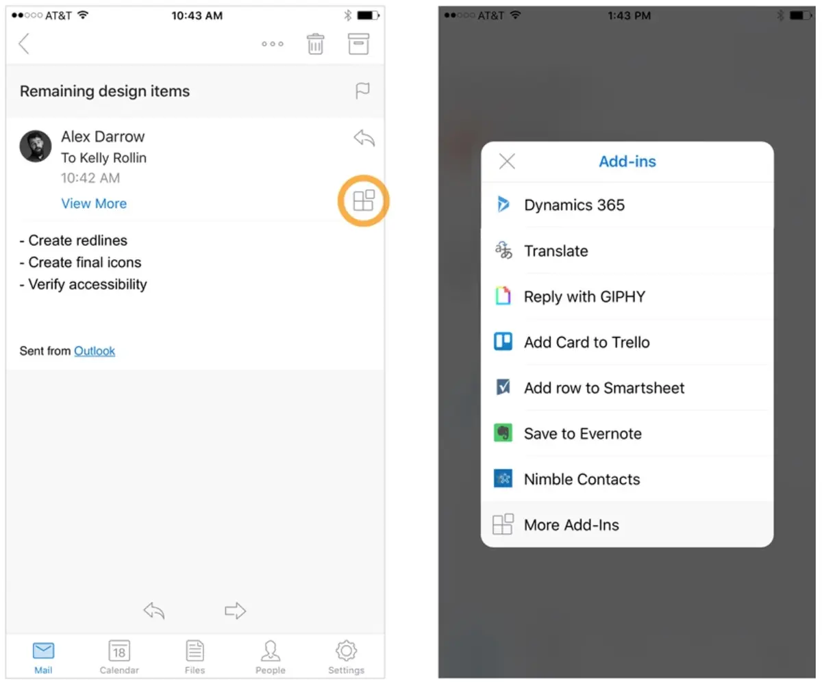 Outlook sur iOS prend en charge les add-ins (Evernote, Giphy, Trello, Nimble...)