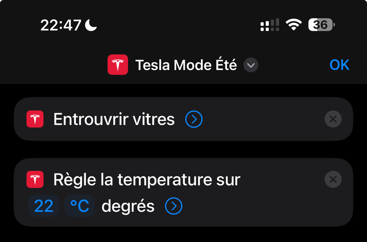 L'app Tesla gère les Raccourcis d'Apple !