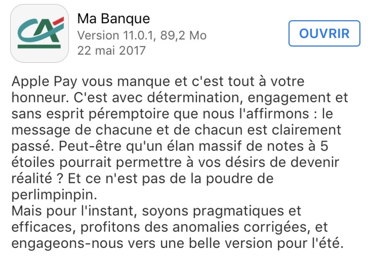 Crédit Agricole : des étoiles sur l'App Store contre l'arrivée d'Apple Pay cet été