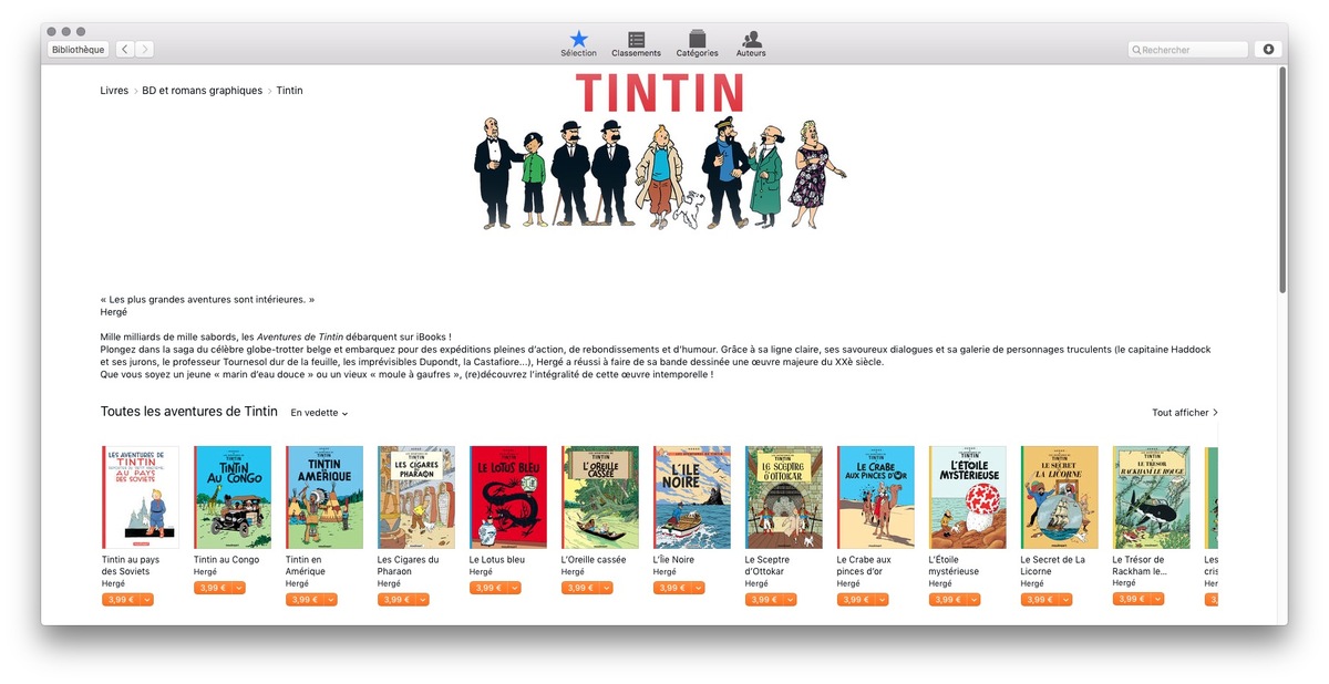 Les aventures de Tintin en pré-commande sur l'iBooks Store