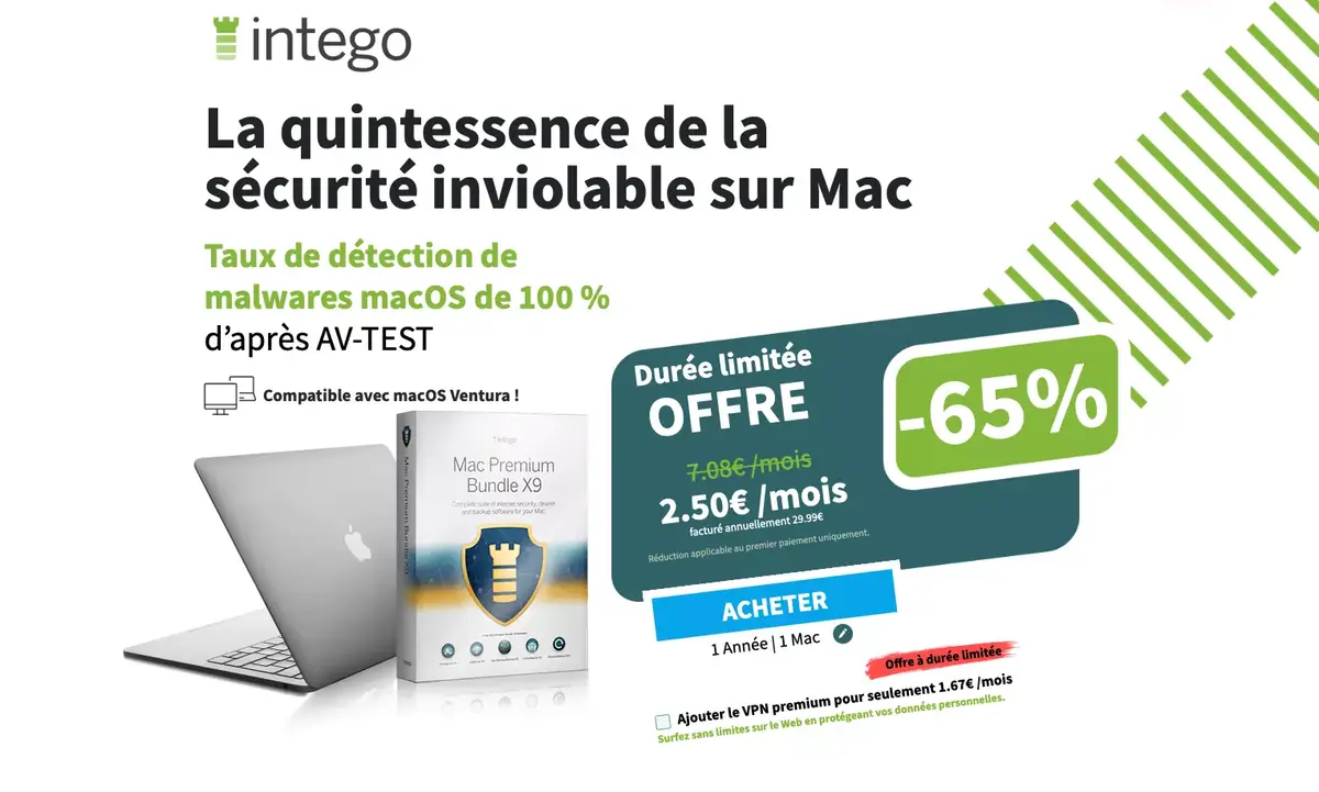 Jusqu'à ce soir, -65% sur les offres de protection d'Intego (Mac Premium Bundle X9 à 29€)