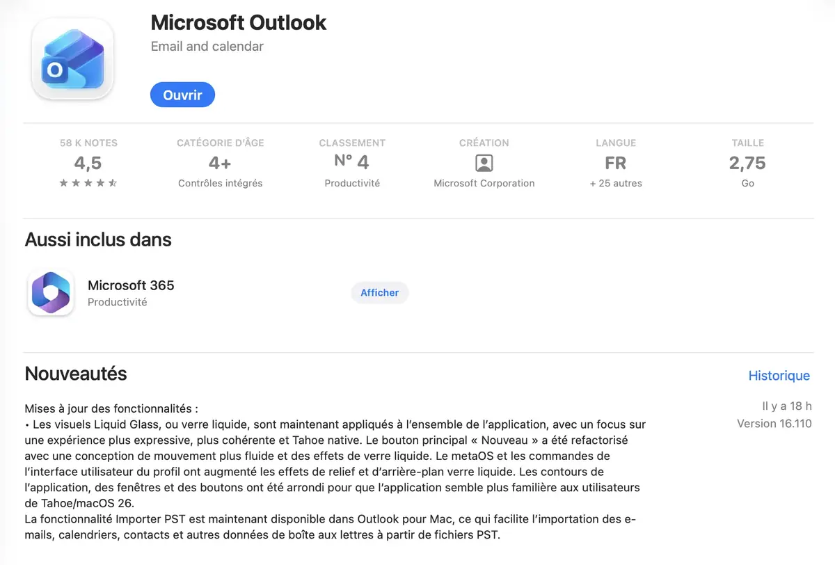 Outlook pour Mac affiche un look un peu plus Liquid Glass