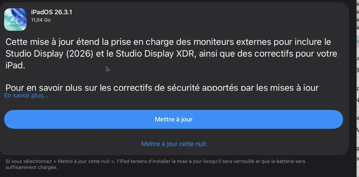 iOS 26.3.1, iPadOS 26.3.1 et macOS 26.3.1 de sortie, pour le Studio Display