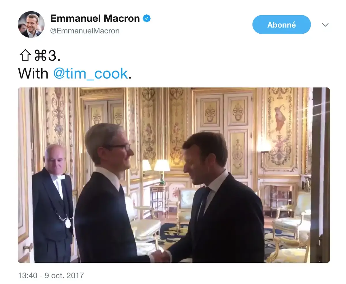 Emmanuel Macron twitte des raccourcis clavier mac (⇧⌘3) avec Tim Cook