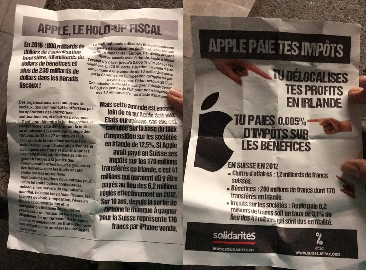 #ApplePayETesImpots : l'association ATTAC manifeste à l'Apple Store de Genève