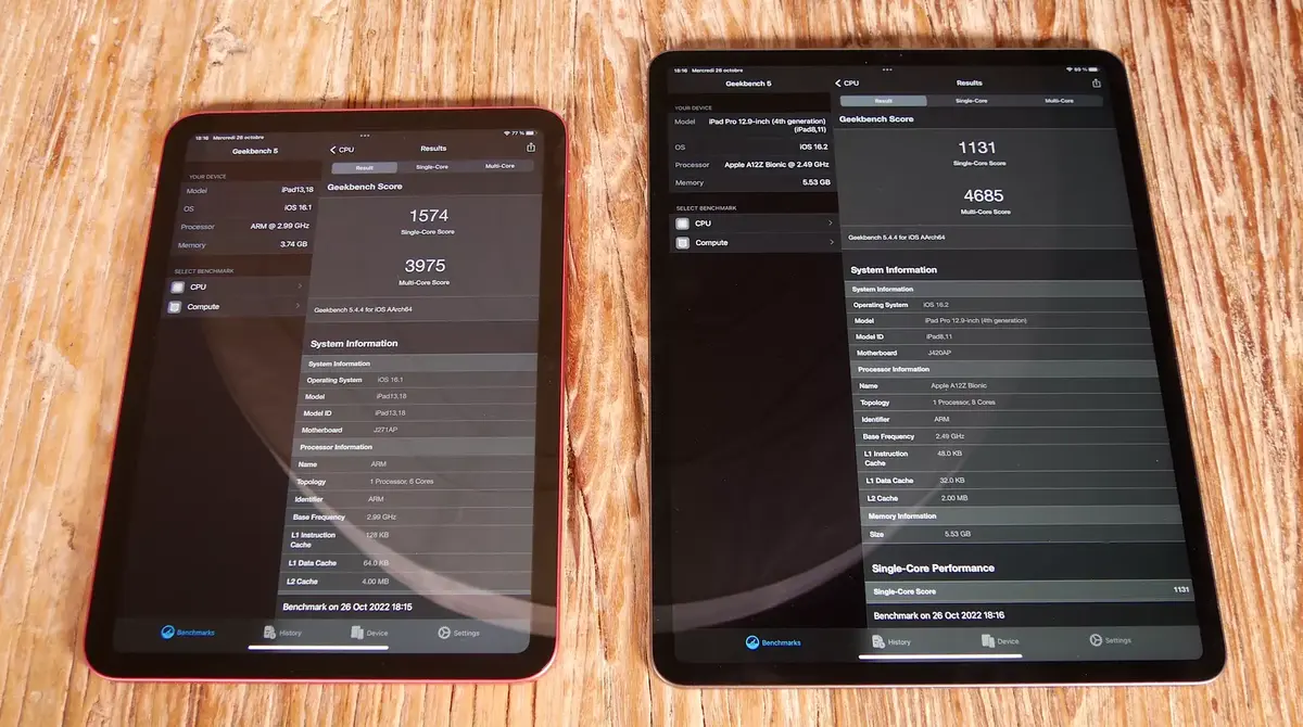 Geekbench CPU : iPad 10 à gauche, iPad Pro 2018 à droite