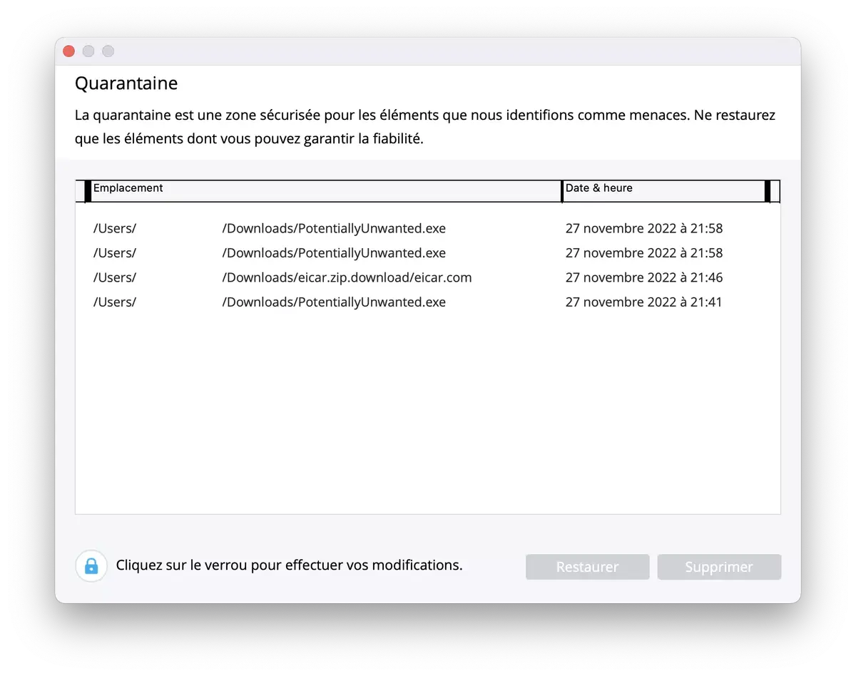 Ci-dessus, la liste des éléments mis en quarantaine par McAfee avant qu'ils n'infectent mon Mac