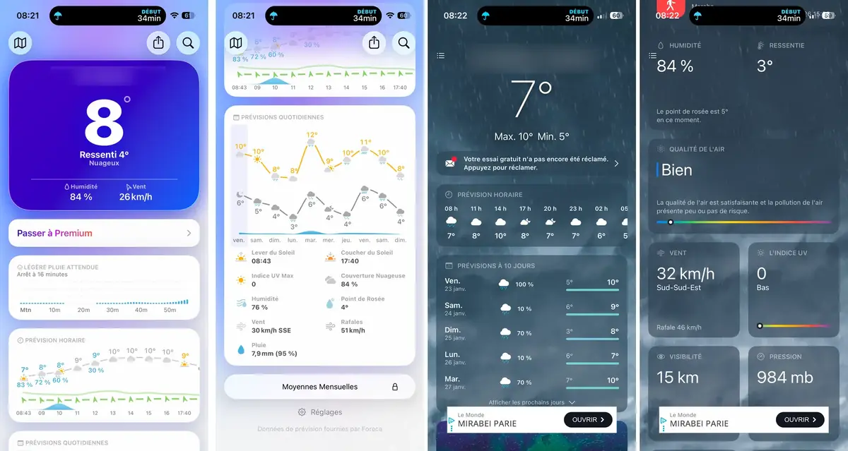 De gauche &agrave; droite, Mercury, M&eacute;t&eacute;o (une app tierce &eacute;ponyme)