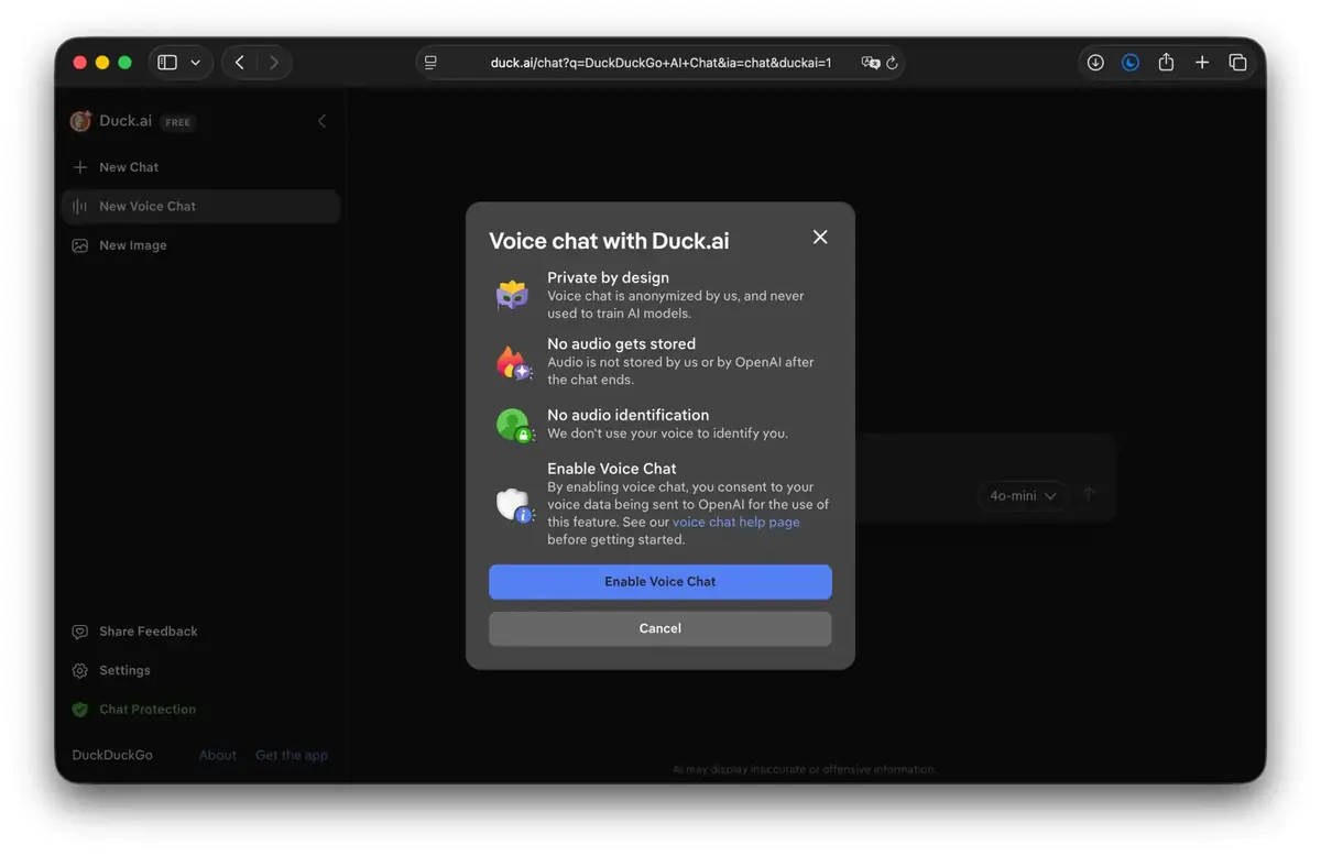 DuckDuckGo lance un chat vocal IA chiffr&eacute; et gratuit sur Duck.ai