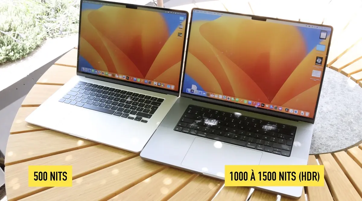 Comparaison luminosité écrans MacBook Air 15 pouces et MacBook Pro 16 pouces