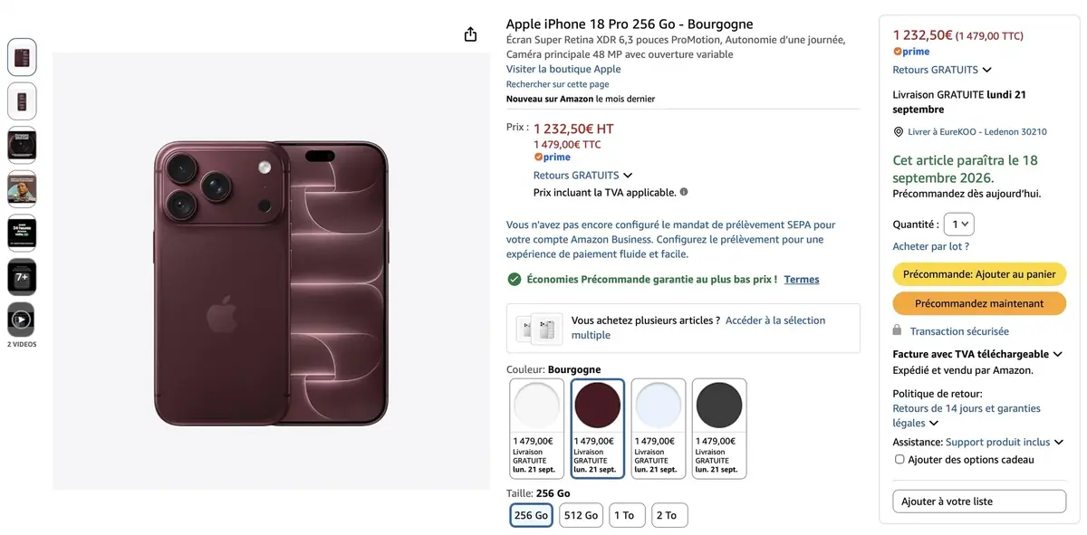 L'iPhone 18 Pro disponible sur Amazon et en stock pour le 18 septembre (m&ecirc;me en 256Go)