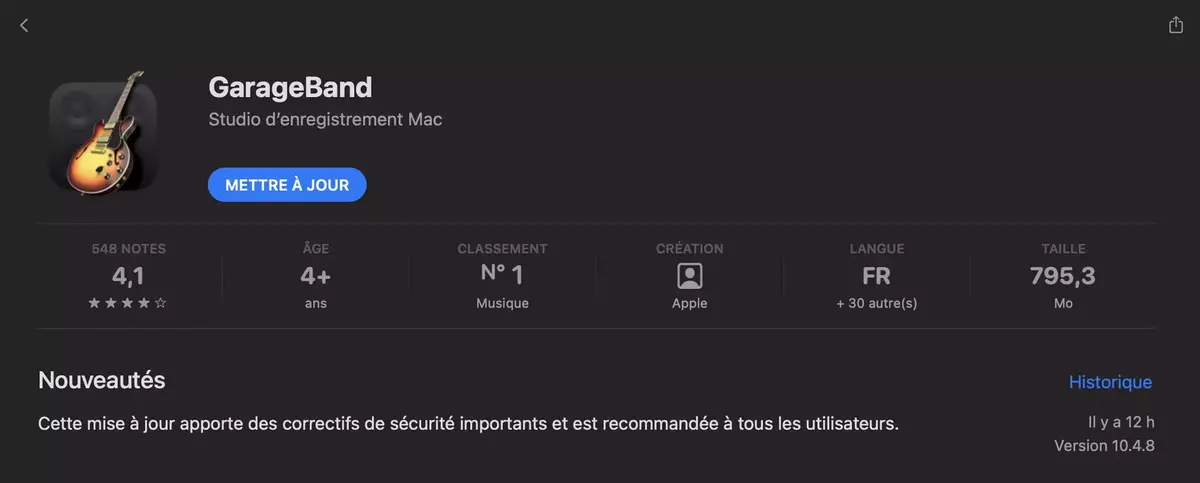 GarageBand a également droit à une mise à jour de sécurité