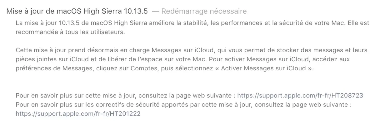 macOS High Sierra 10.13.5 est disponible pour tous !  (avec Messages dans le Cloud)