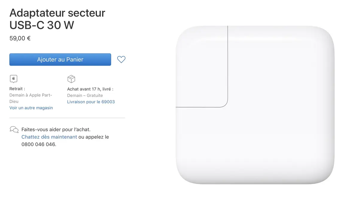 Le chargeur USB C de 29W d'Apple passe... à 30W