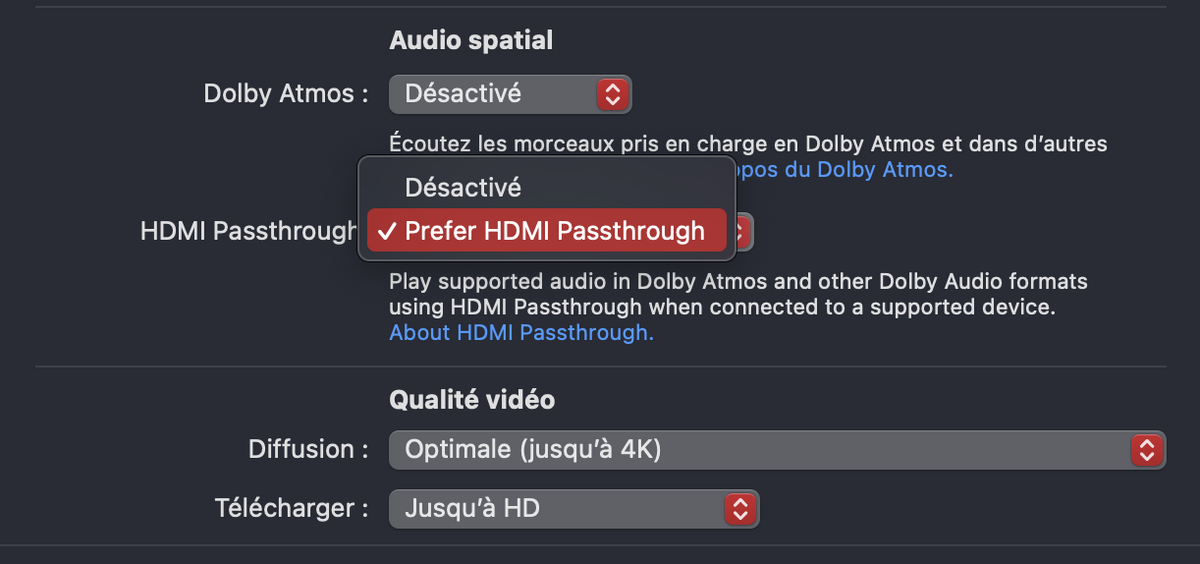 L'HDMI Passthroough dans l'App Musique