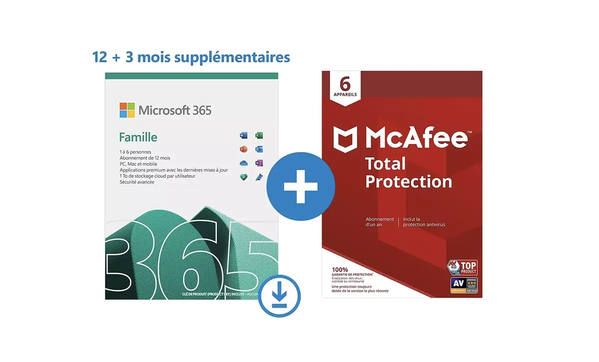 15 mois de Microsoft 365 Famille + McAfee à 75€ (-60%), Microsoft 365 Famille à 73€ (-26%)