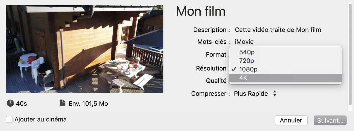 Astuce : comment forcer l'export d'un projet iMovie en 4k à 60FPS