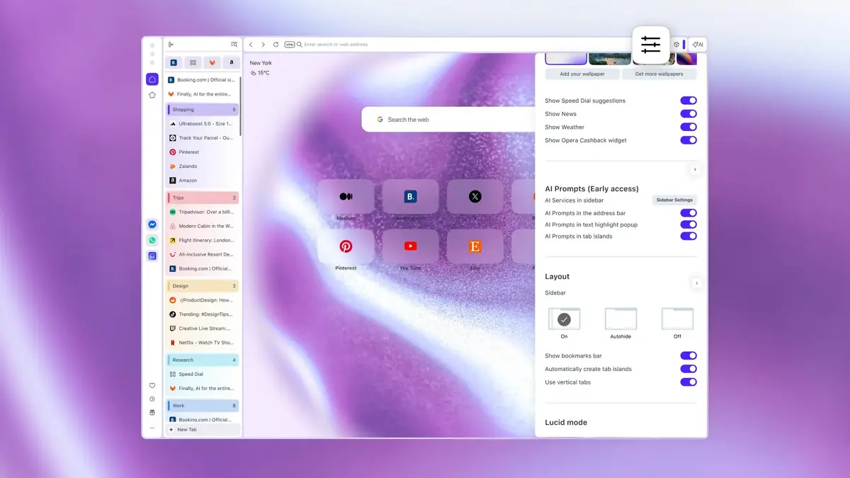 Opera mise sur le multi-t&acirc;che avec des onglets verticaux et Google Lens