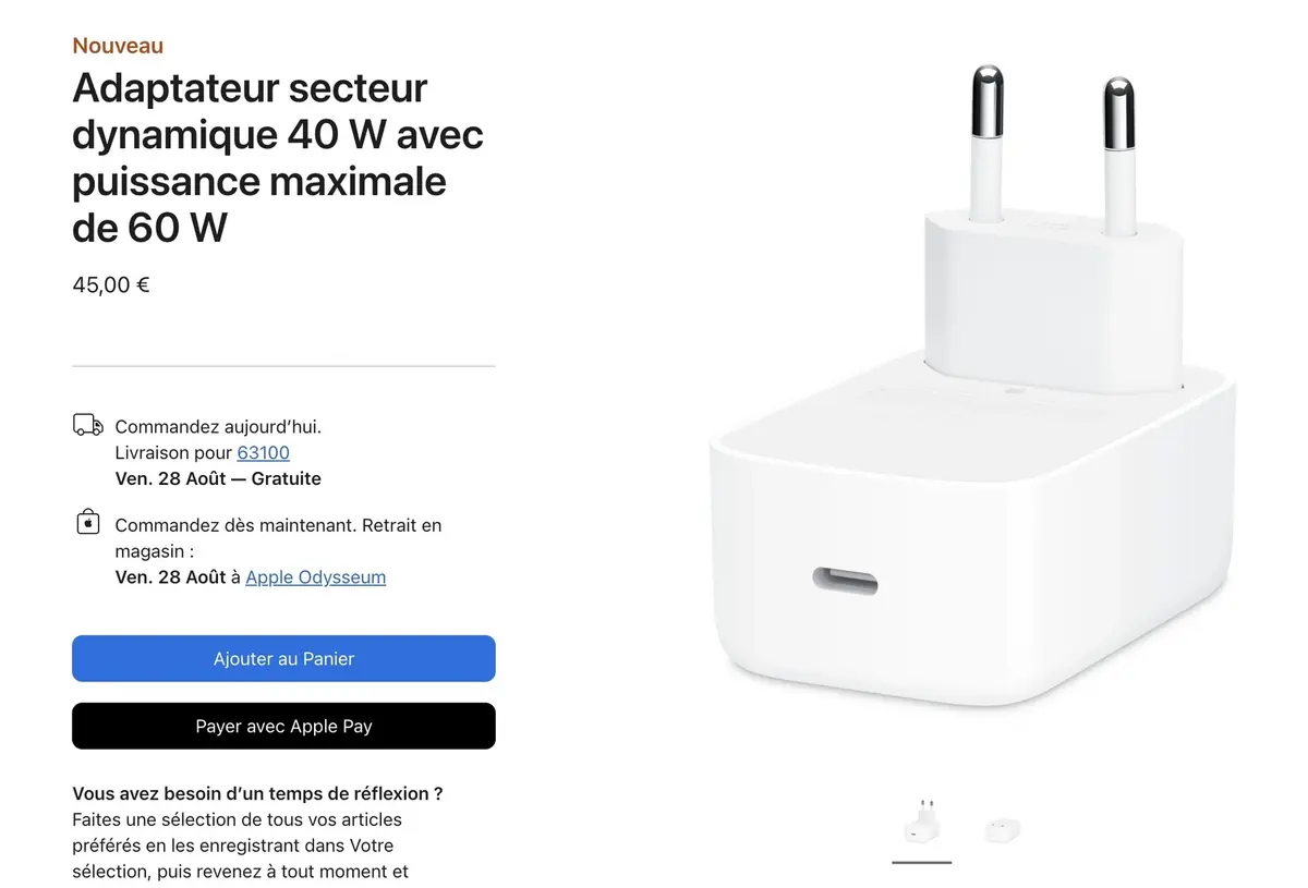 Le chargeur dynamique d'Apple qui grimpe &agrave; 60 W d&eacute;barque enfin en France &agrave; 45 euros
