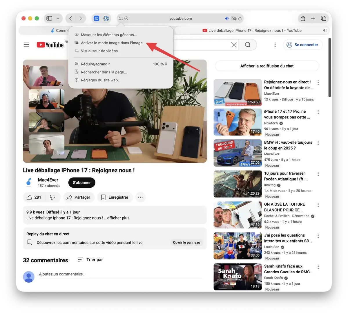 L'option image dans l'image permet d'avoir une vidéo flottante en premier plan sur votre écran.